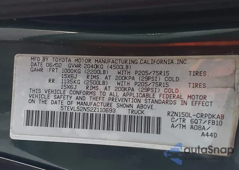 2002 Toyota Tacoma from USA, damaged, VIN 5TEVL52N52Z110693